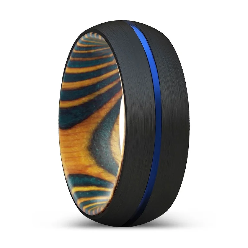 silver gemstone rings for women-CHRISTIAN | Green & Yellow Wood, Black Tungsten Ring, Blue Groove, Domed