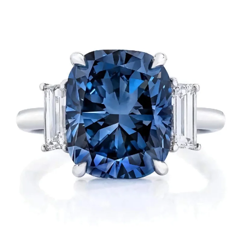 emerald cut engagement rings-Blue Sapphire Cushion Cut Three Stone Engagement Ring