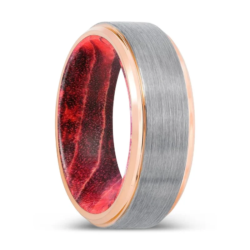 gold diamond rings for women-CURATOR | Black & Red Wood, Silver Tungsten Ring, Brushed, Rose Gold Stepped Edge