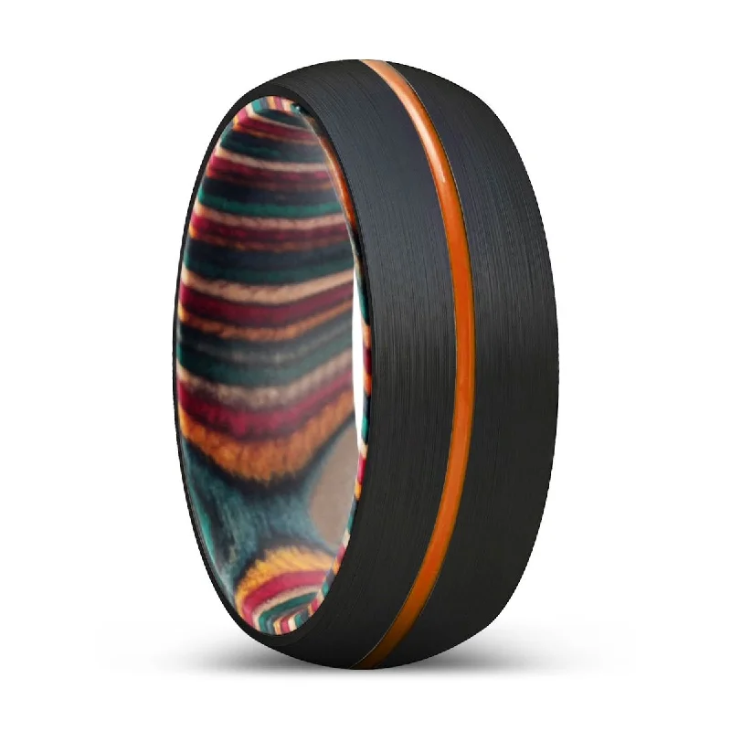 elegant silver rings for women-MAJESTIC | Multi Color Wood, Black Tungsten Ring, Orange Groove, Domed