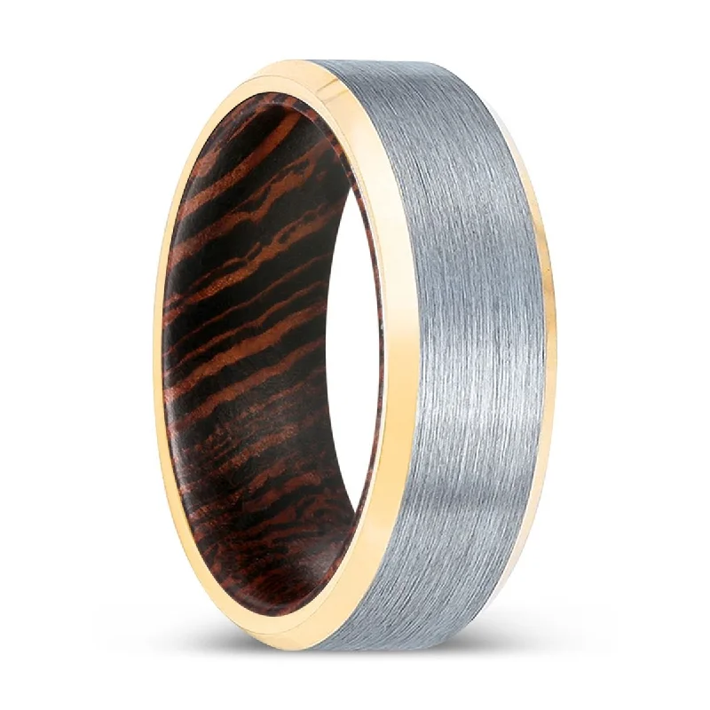 classic wedding bands for women-TIWANIA | Wenge Wood, Brushed, Silver Tungsten Ring, Gold Beveled Edges