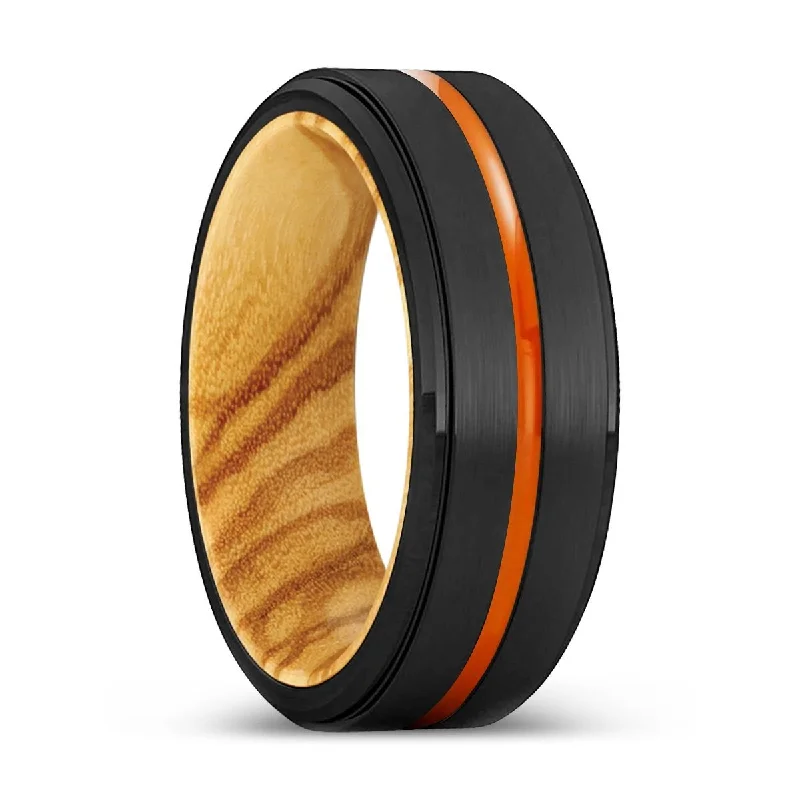 custom rings for women-FRISCO | Olive Wood, Black Tungsten Ring, Orange Groove, Stepped Edge