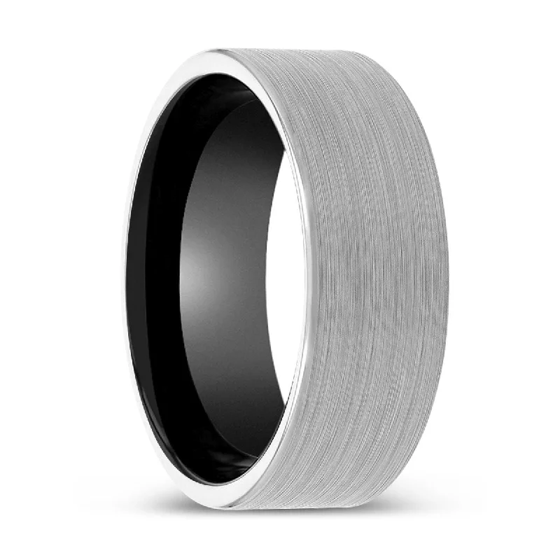 cute rings for women-JADEN | Black Ring, White Tungsten Ring, Brushed, Flat