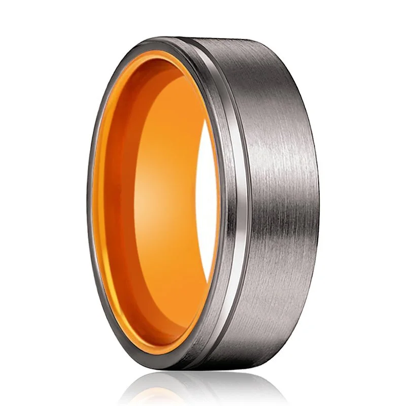 personalized rings for women-TANG | Orange Ring, Gunmetal Tungsten Offset Groove