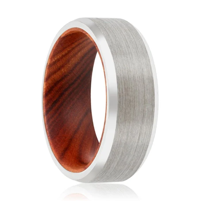 diamond-encrusted rings for women-MEXELL | Iron Wood, Silver Tungsten Ring, Brushed, Beveled