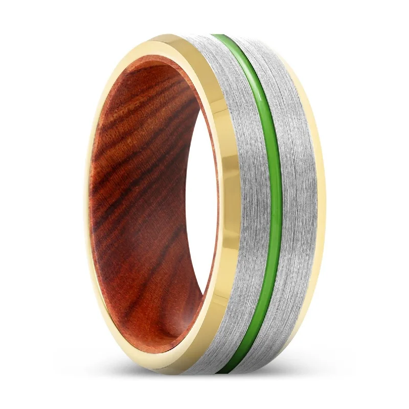 diamond rings for women-XUTRON | Iron Wood, Silver Tungsten Ring, Green Groove, Gold Beveled Edge