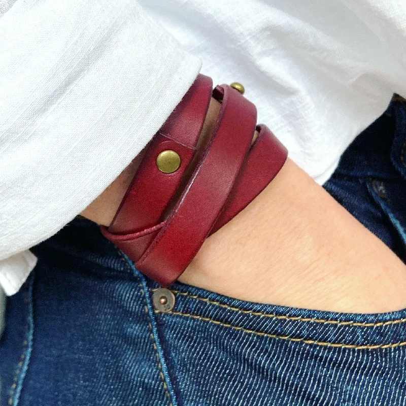 chunky bangles for women-Leather Wrap Womens Mens Bracelet Handmade Boho Cuff Bordeaux Red Leather Personalized Gift For Her