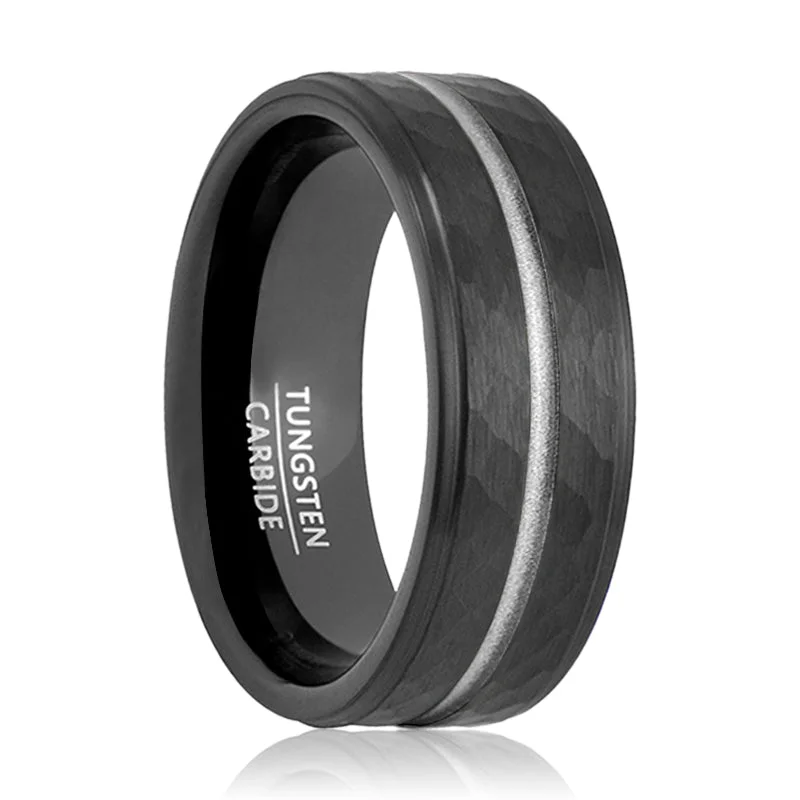 classic wedding bands for women-THUNDER | Black Tungsten Ring, Hammered, Silver Groove, Stepped Edge