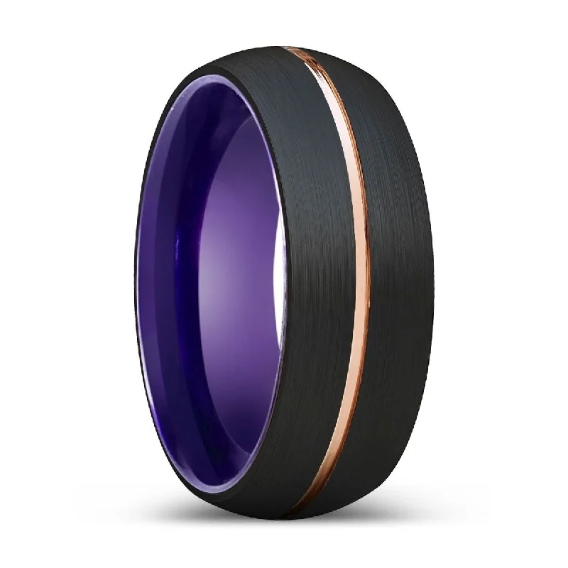 luxury diamond rings for women-VINTAGE | Purple Ring, Black Tungsten Ring, Rose Gold Groove, Domed