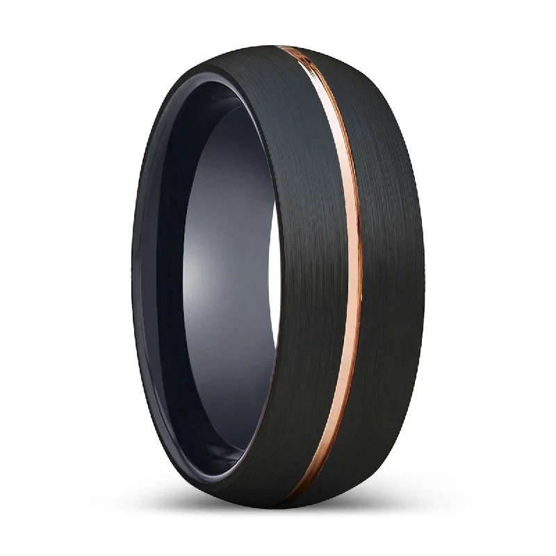 luxury gold bands for women-EXHOLM | Black Ring, Black Tungsten Ring, Rose Gold Groove, Domed