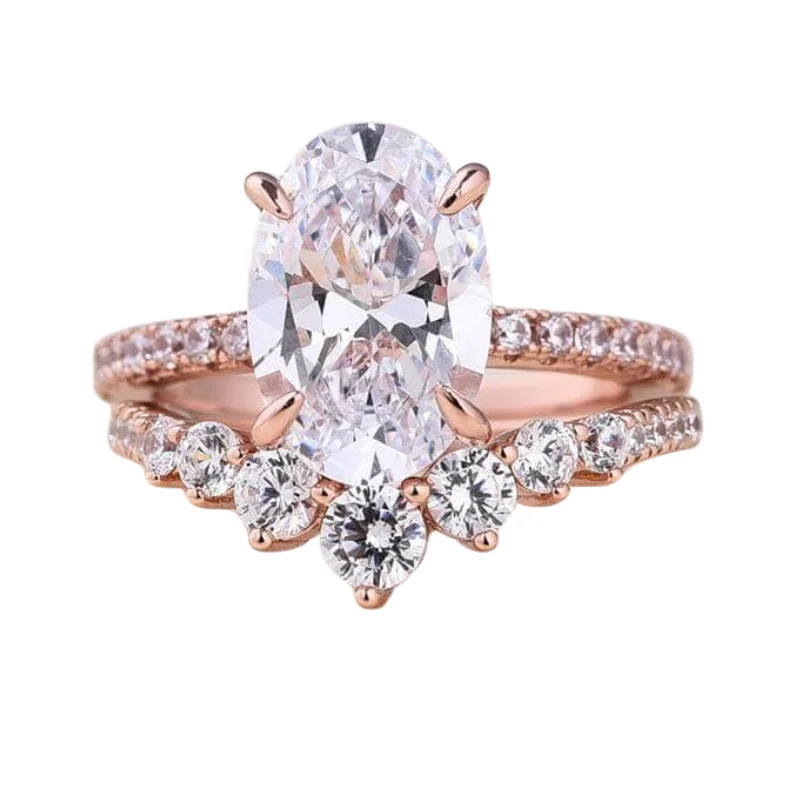 silver engagement rings for women-Rose Gold Oval Cut White Stone Wedding Set