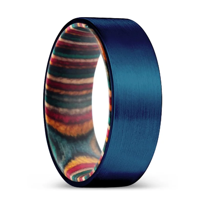 gold-plated rings for women-ROUGE | Multi Color Wood, Blue Tungsten Ring, Brushed, Flat