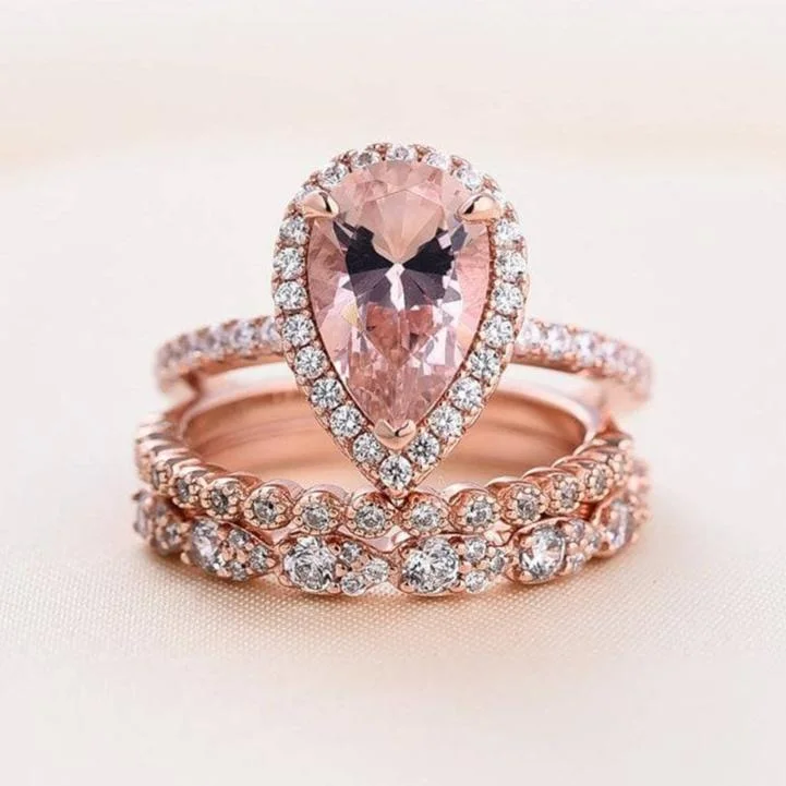 radiant engagement rings for women-Rose Gold Halo Peachy Pink Simulated Morganite Pear Cut 3pc Ring Set