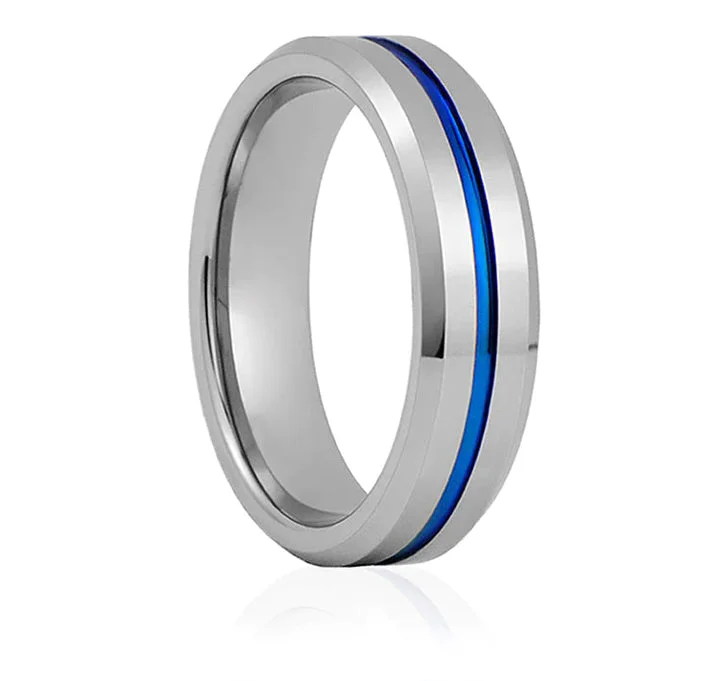 cute rings for women-Blue Line Ring in Tungsten - 6mm