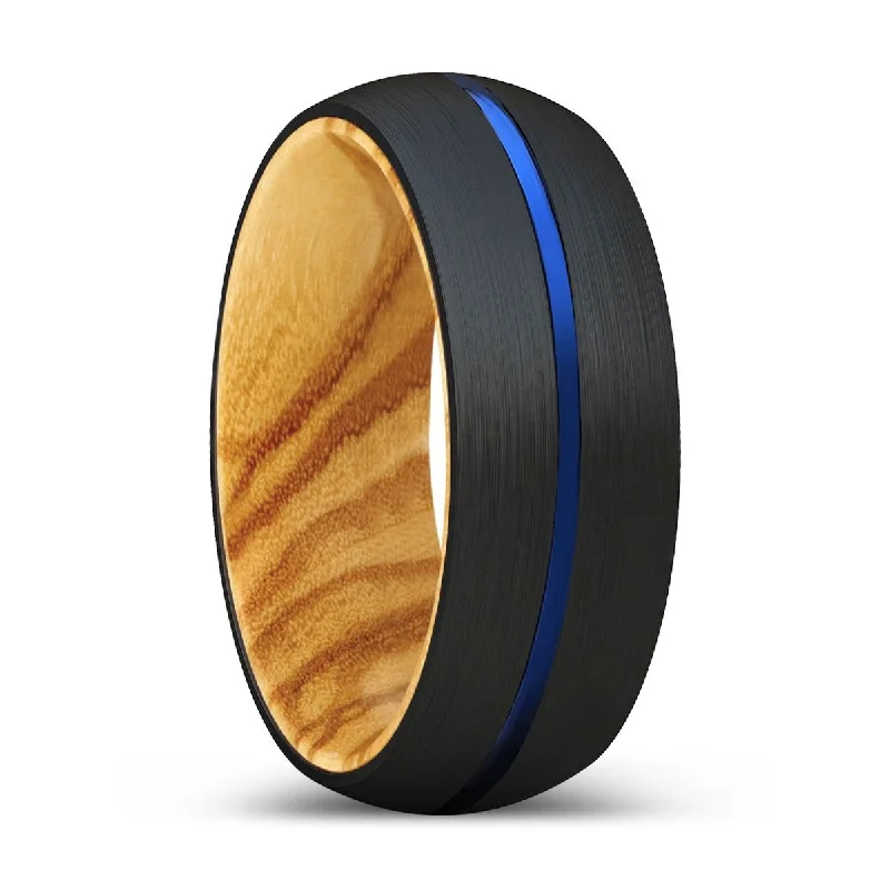 vintage wedding rings for women-MIKEY | Olive Wood, Black Tungsten Ring, Blue Groove, Domed