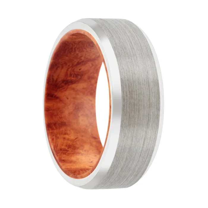 rose gold rings for women-AKAKO | Red Burl Wood, Silver Tungsten Ring, Brushed, Beveled