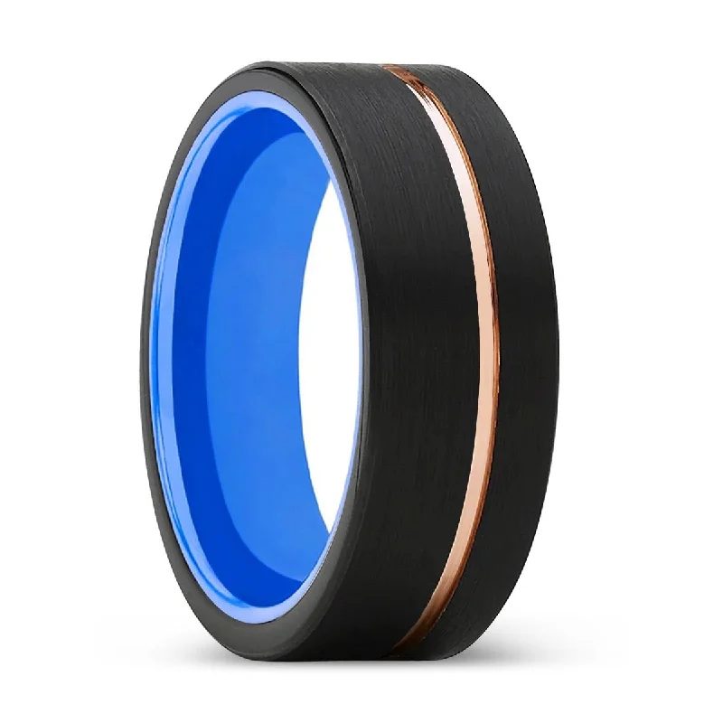 statement gemstone rings for women-VELATRIX | Blue Ring, Black Tungsten Ring, Rose Gold Offset Groove, Brushed, Flat