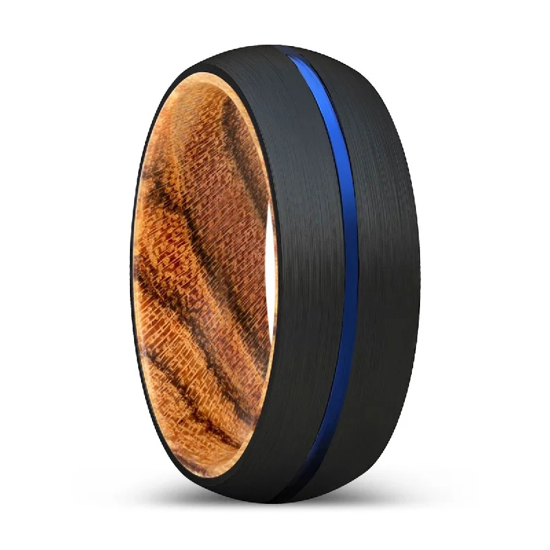 fashion rings for women-OSPRA | Bocote Wood, Black Tungsten Ring, Blue Groove, Domed