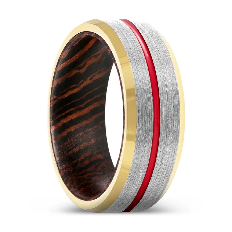 double band rings for women-JUKE | Wenge Wood, Silver Tungsten Ring, Red Groove, Gold Beveled Edge