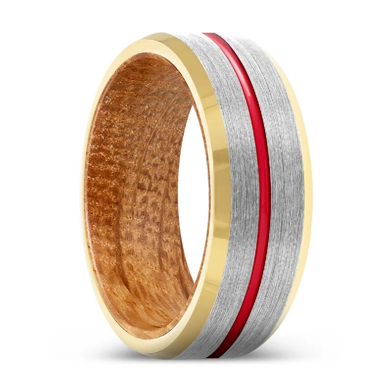 large rings for women-RUMBLE | Whiskey Barrel Wood, Silver Tungsten Ring, Red Groove, Gold Beveled Edge