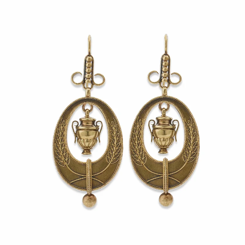 fashion earrings for women-Antique 18K Gold Urn and Wreath Pendant Earrings