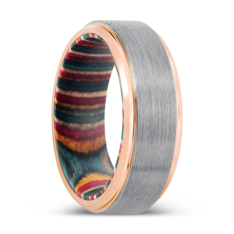 anniversary gemstone rings for women-AMIDA | Multi Color Box Wood, Silver Tungsten Ring, Brushed, Rose Gold Stepped Edge