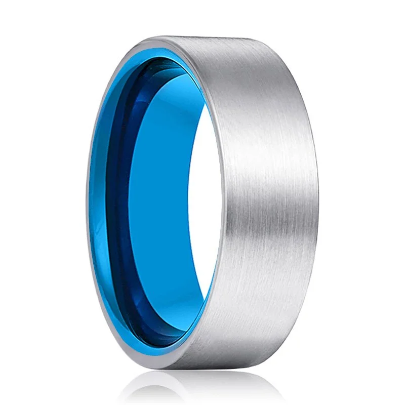 custom rings for women-TURKS | Blue Ring, Silver Tungsten Ring, Brushed, Flat