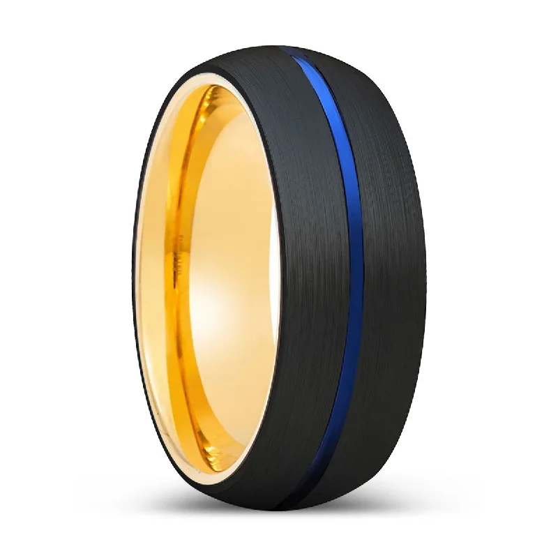 wedding rings for women-JUNIPER | Gold Ring, Black Tungsten Ring, Blue Groove, Domed