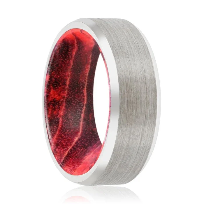 diamond rings for women-WILLOW | Black & Red Wood, Silver Tungsten Ring, Brushed, Beveled