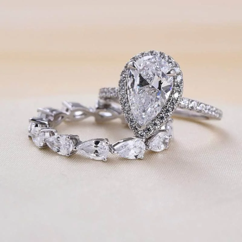 exquisite engagement rings-Bridal Set Halo Pear Cut Engagement Ring