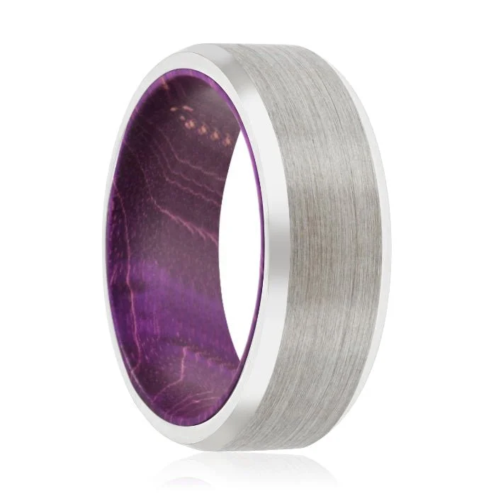 classic wedding bands for women-CORC | Purple Wood, Silver Tungsten Ring, Brushed, Beveled