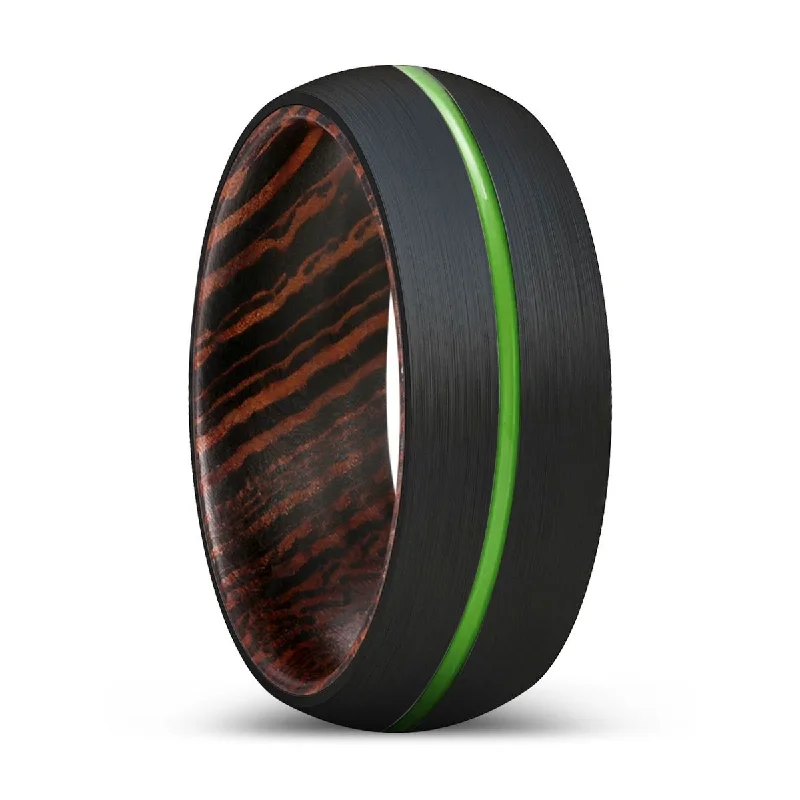 handcrafted wedding rings for women-GRIFFIN | Wenge Wood, Black Tungsten Ring, Green Groove, Domed