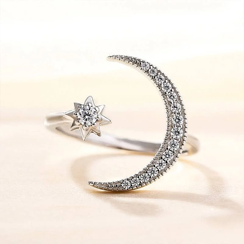 princess diamond engagement rings-Crescent Moon & Star Adjustable Open Ring