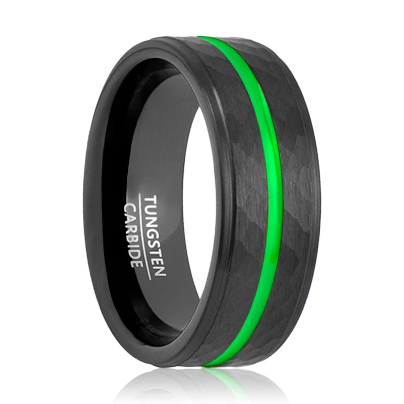 minimalist rings for women-CYCLONE | Black Tungsten Ring, Hammered, Green Groove, Stepped Edge