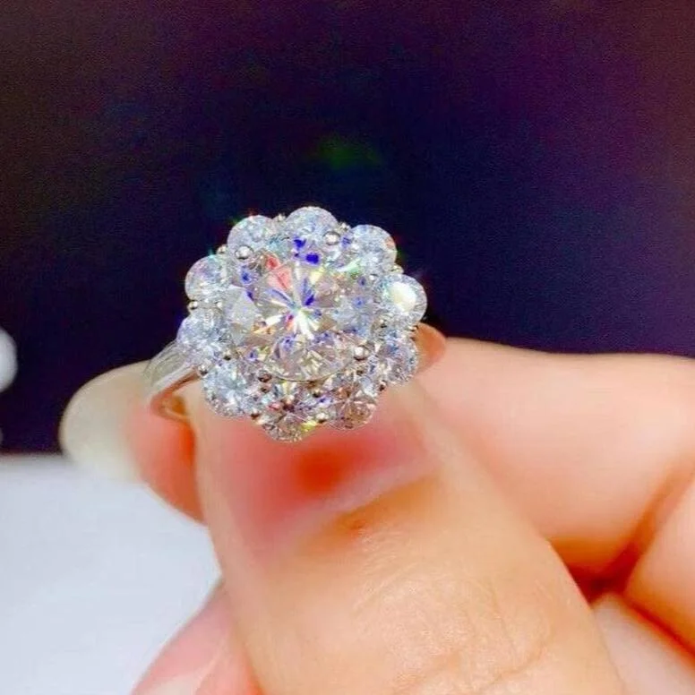 custom sapphire engagement rings-3.0 Ct Round Cut Crackling Diamond Flower Halo Engagement Ring