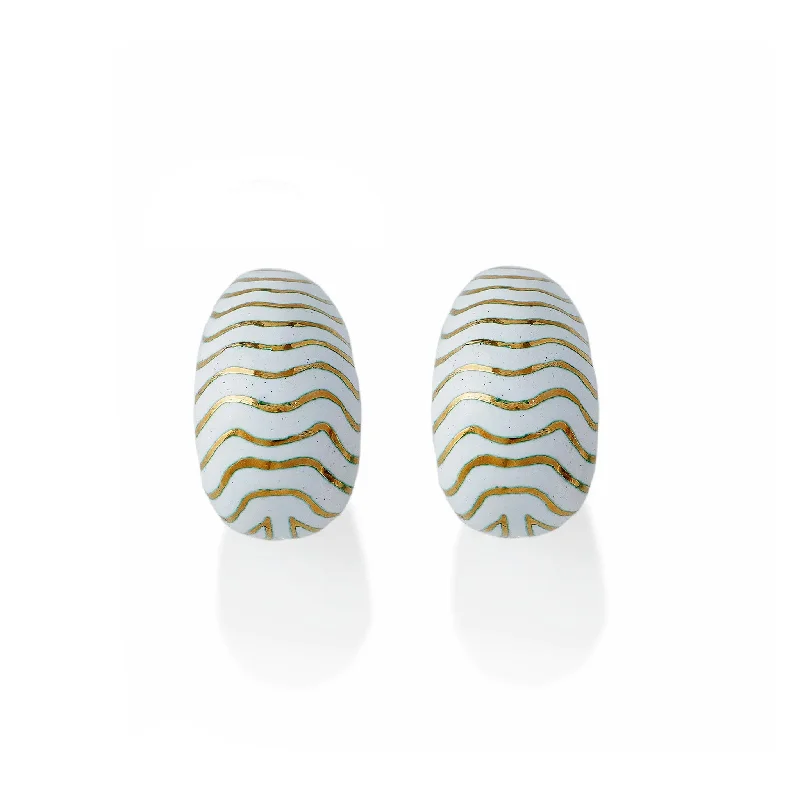 sterling silver earrings for women-David Webb White Enamel Tiger Stripe Clip Earrings