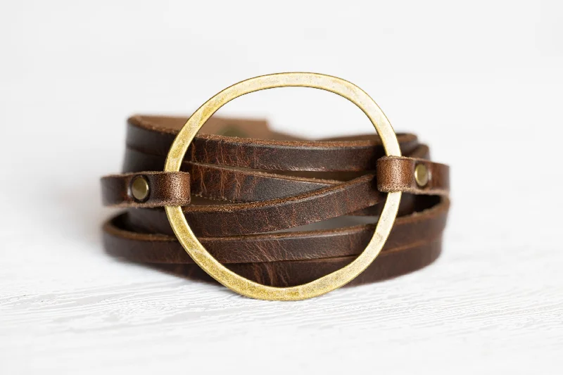 festival bangles for women-Boho Leather Wrap Bracelet Hoop Cuff Rustic Brown Leather Handmade Jewelry Personalized Gift For Her