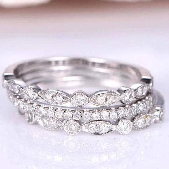 solitaire engagement rings-Half Eternity 3PC Stacking Wedding Band Set