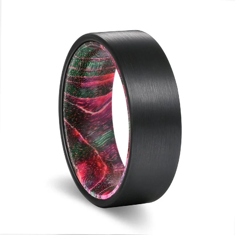 band rings for women-BOXER | Green and Red Wood, Black Flat Brushed Tungsten