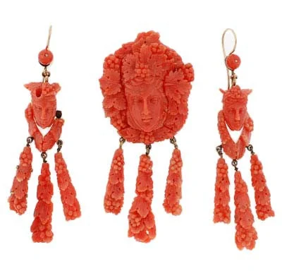 diamond earrings for women-Victorian Carved Coral Pin & Pendant & Earrings Set