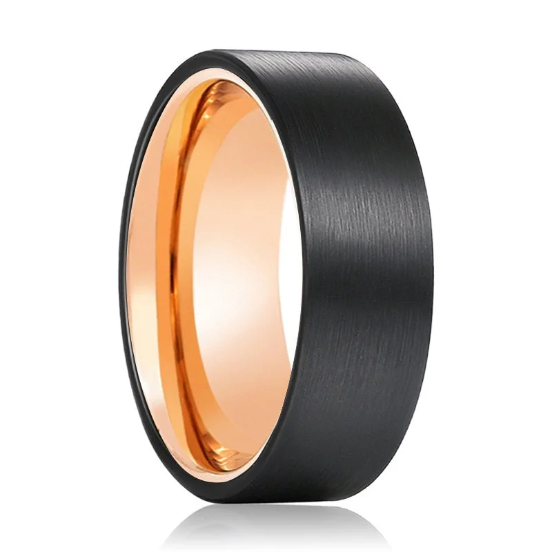 classic wedding bands for women-SCARLET | Rose Gold Tungsten Ring Black Brushed Flat