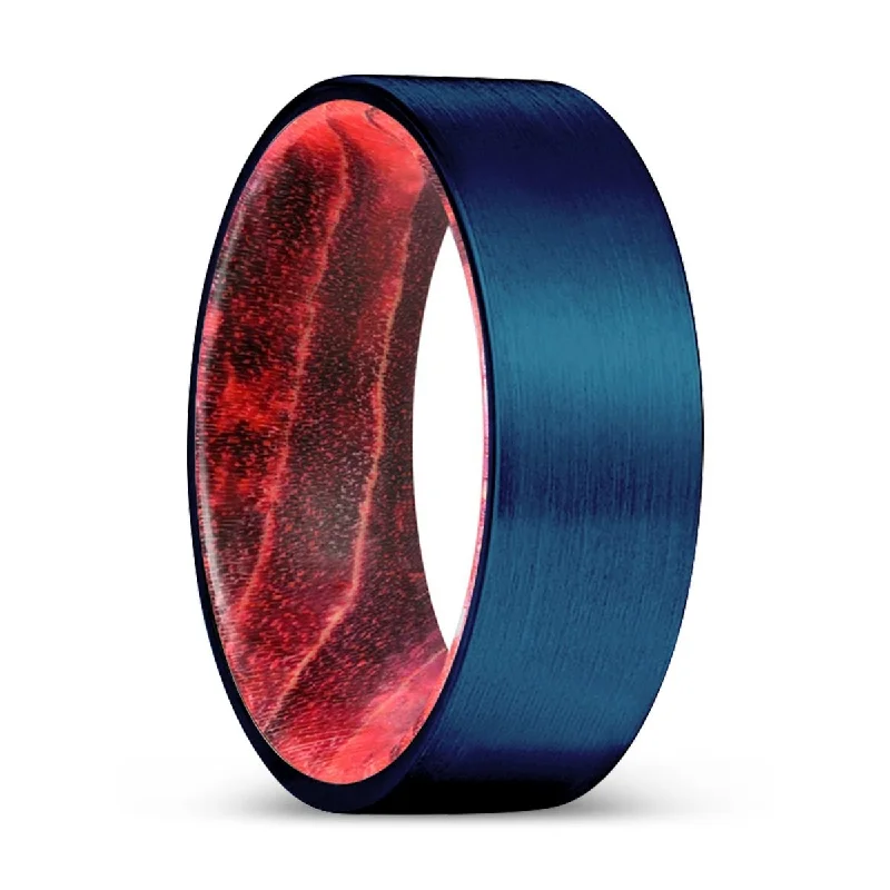 gemstone wedding rings for women-MAJOR | Black & Red Wood, Blue Tungsten Ring, Brushed, Flat