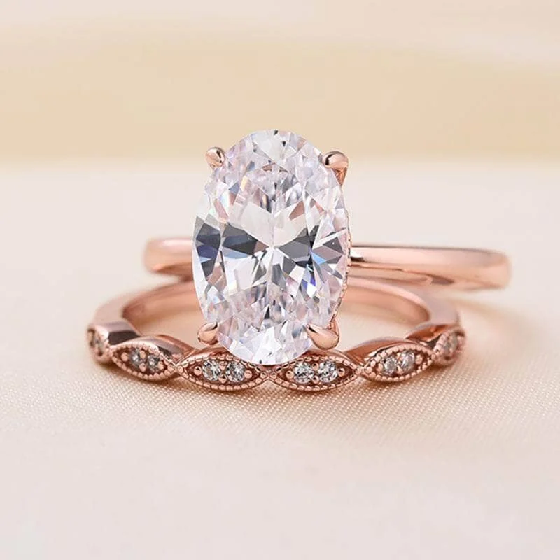 luxury gold engagement rings-Rose Gold 3.50ct Oval Cut Solitaire Wedding Set