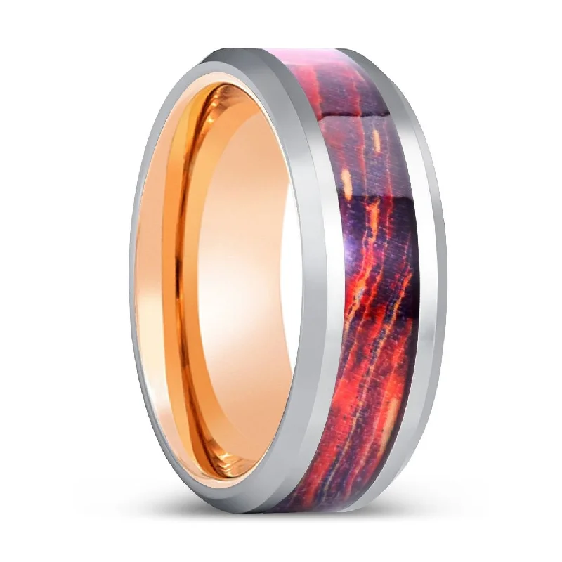 rings for women-SOLARION | Rose Gold Tungsten Ring, Galaxy Wood Inlay Ring, Silver Edges