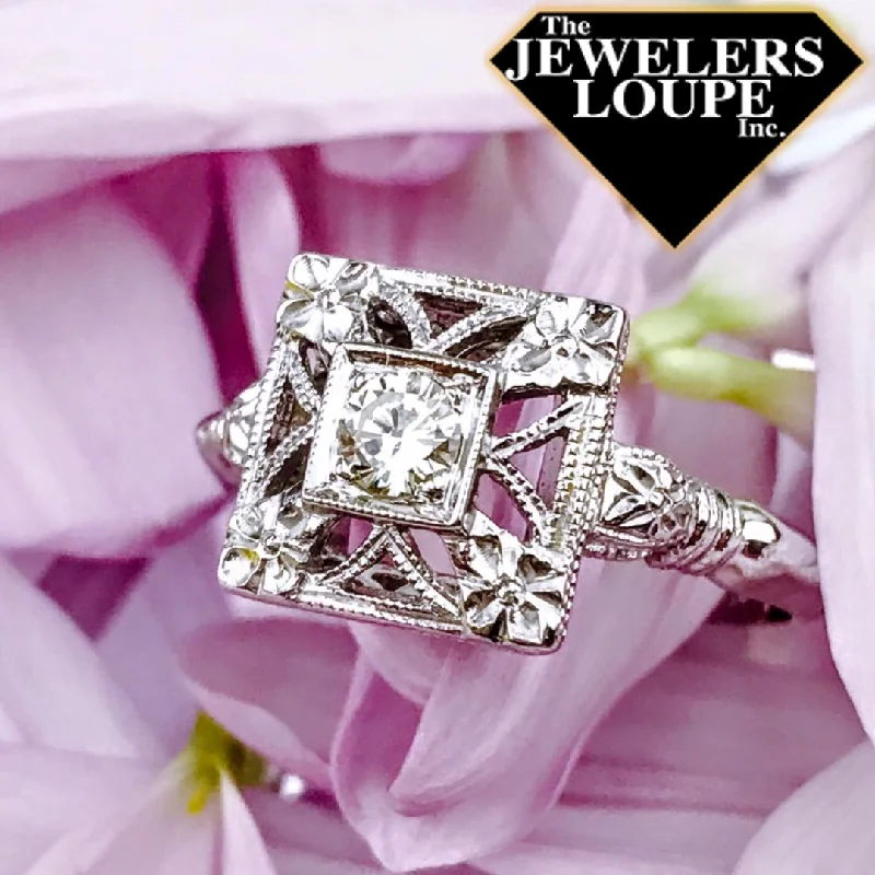 romantic diamond engagement rings-14k White Gold .20ctw Diamond Square Vintage Style Ring (84772)