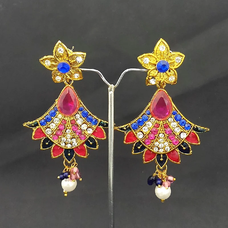 trendy earrings for women-Kriaa Gold Plated Pink & Blue Austrian Stone And Meenakari Dangler earrings