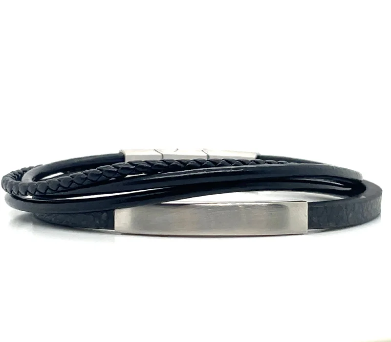 affordable bangles for women-Gents Black Leather Multi Strand ID Bracelet