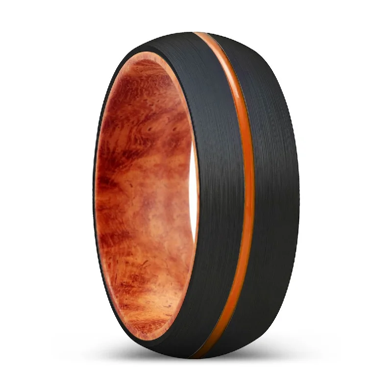 silver rings for women-TEMPLEWOOD | Red Burl Wood, Black Tungsten Ring, Orange Groove, Domed