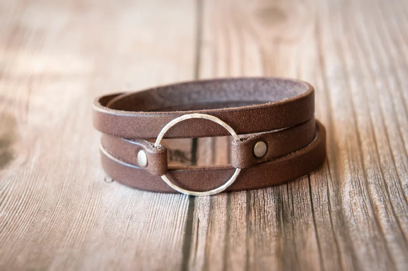 stacking bangle bracelets for women-Leather Wrap Bracelet For Women, Sterling Silver Hammered Hoop, Brown Leather, Handmade Jewelry