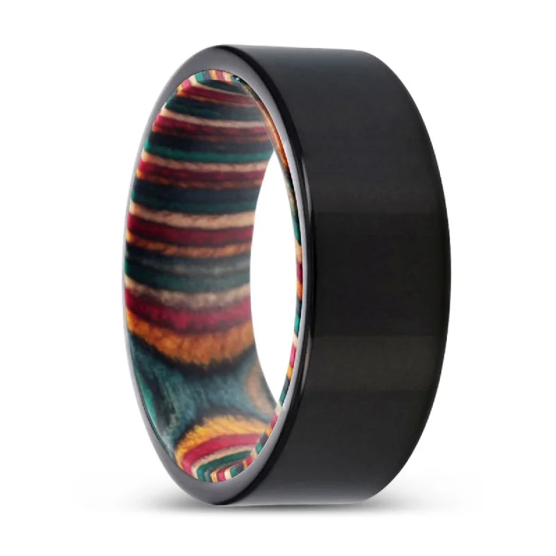 wedding rings for brides-ORCHIDS | Multi Color Wood, Black Tungsten Ring, Shiny, Flat